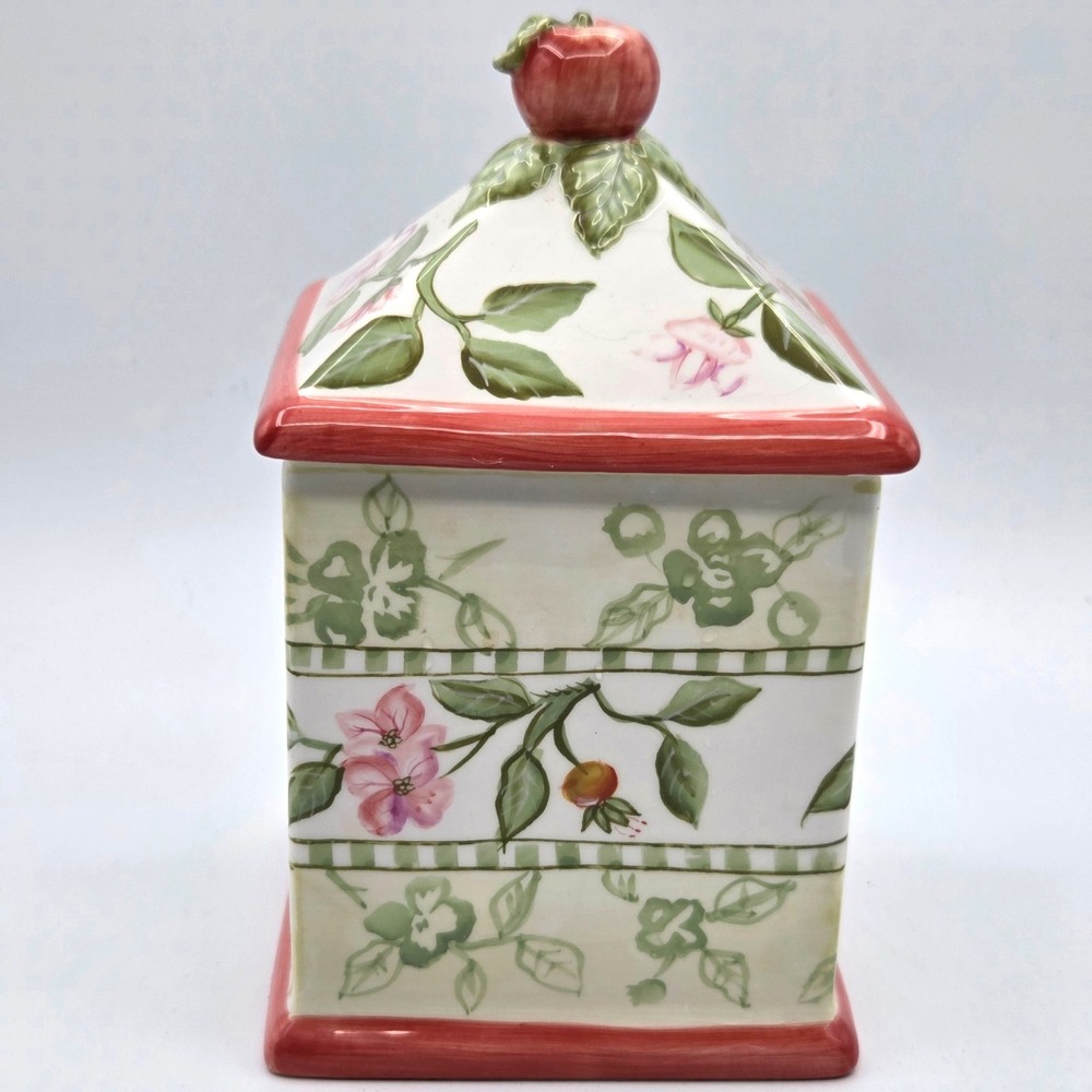 Floral with Apple Top Hand Painted Canister Cookie Jar  by Zrike Cottage‎ Core